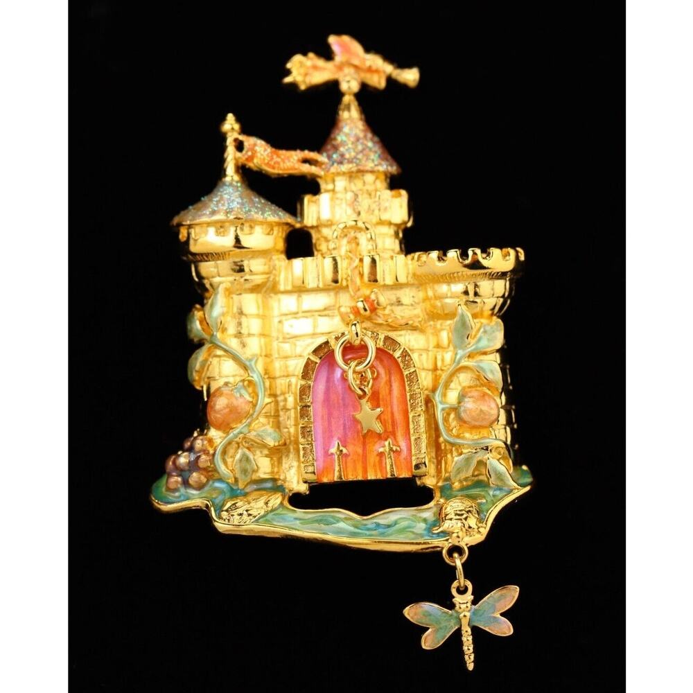 Kirks Folly Vintage Castle Pin Brooch Drawbridge Crystal Brushed Gold NOS BOX